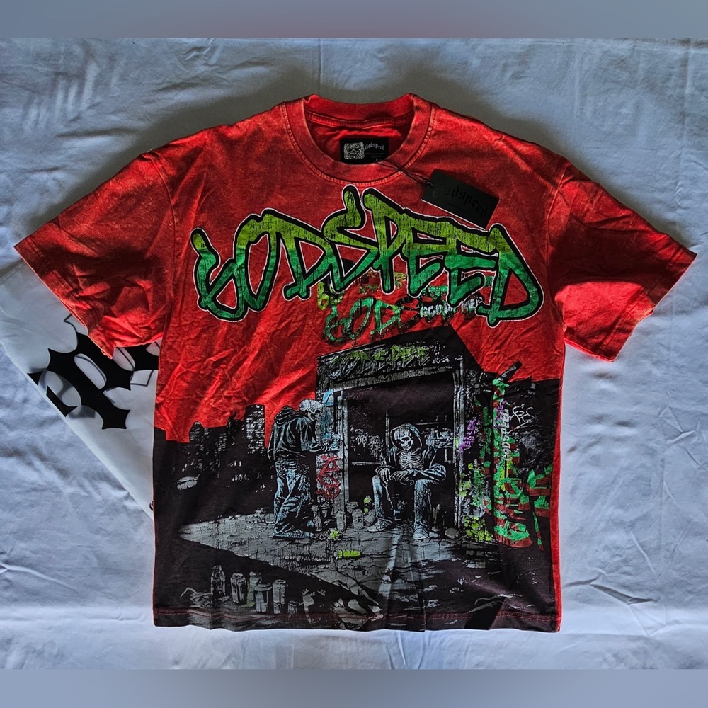 Godspeed Red Graphic Crewneck T-Shirt with Graffiti Print